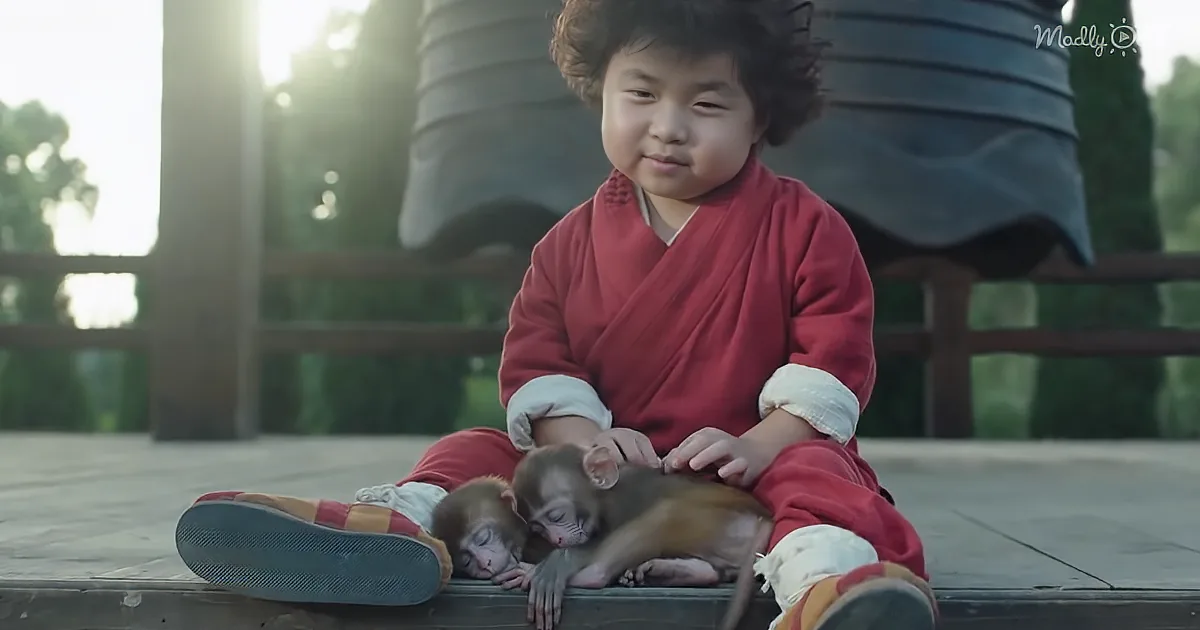 A child in red robes sits cross-legged, gently holding two sleeping monkeys on their lap.