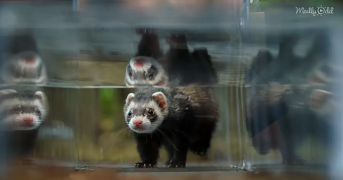 Two curious ferrets peer through glass, one with a white face and black body, the other with a mix of colors.