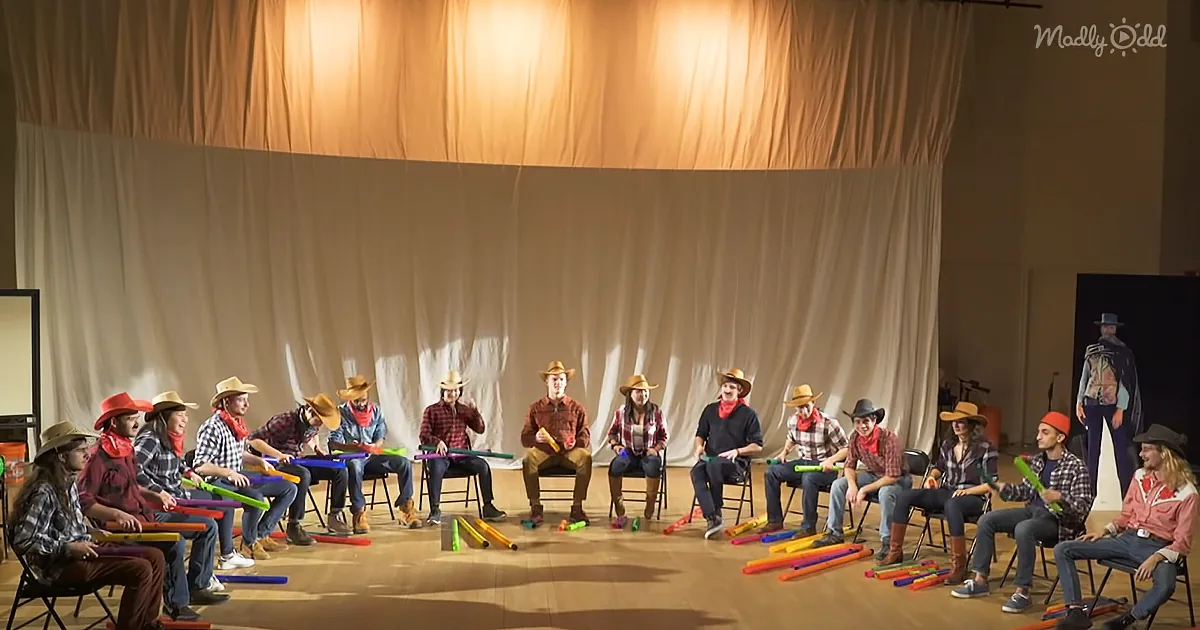 A group of people in cowboy hats and plaid shirts play colorful xylophones on stage.