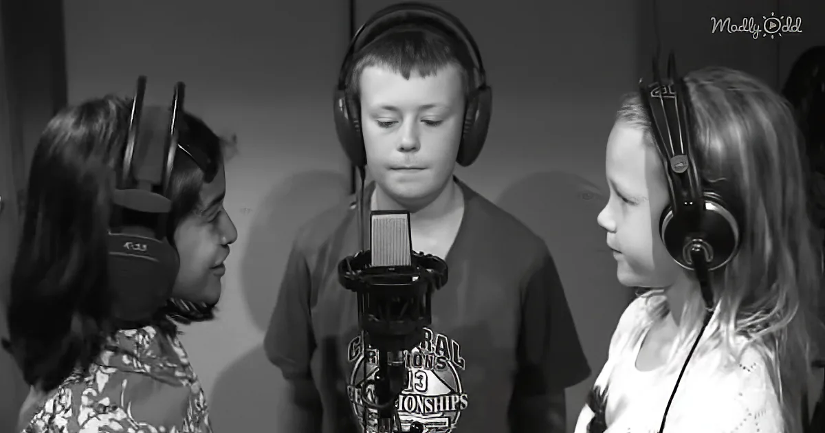 A boy in a recording studio with headphones and a microphone, flanked by two children also wearing headphones.