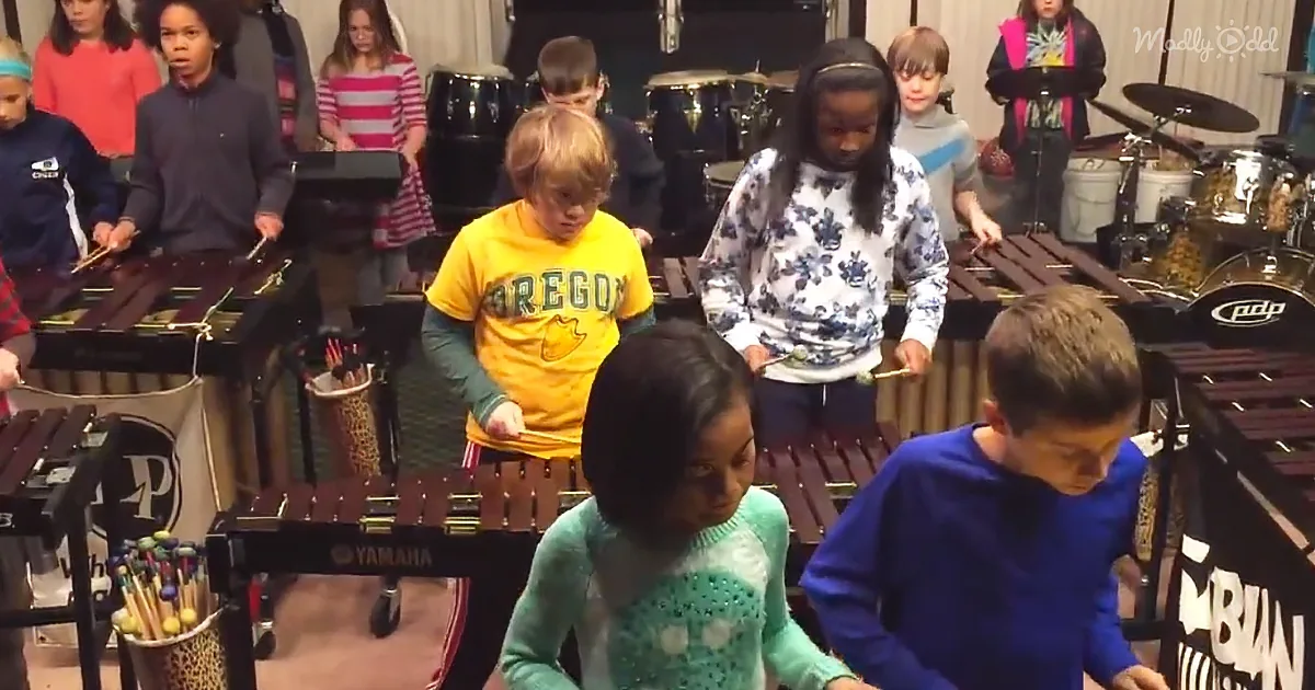 Children play xylophones in a music class with various instruments and a drum set in the background.
