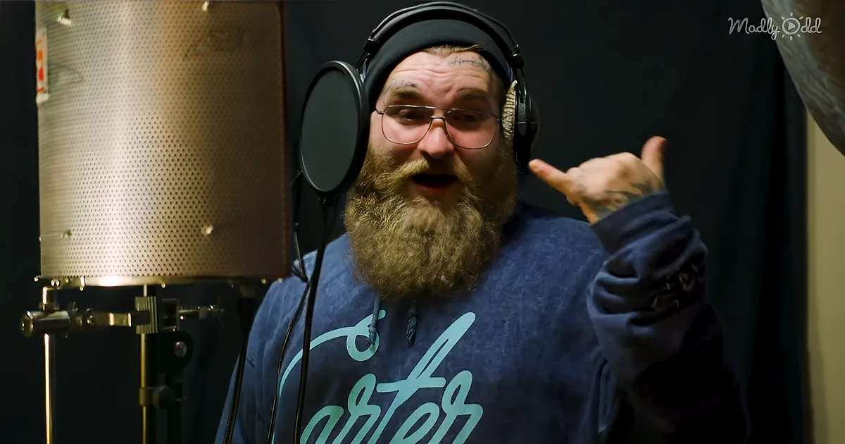 A bearded man in a recording studio, wearing headphones and a sweatshirt, makes a hand gesture while speaking into a...