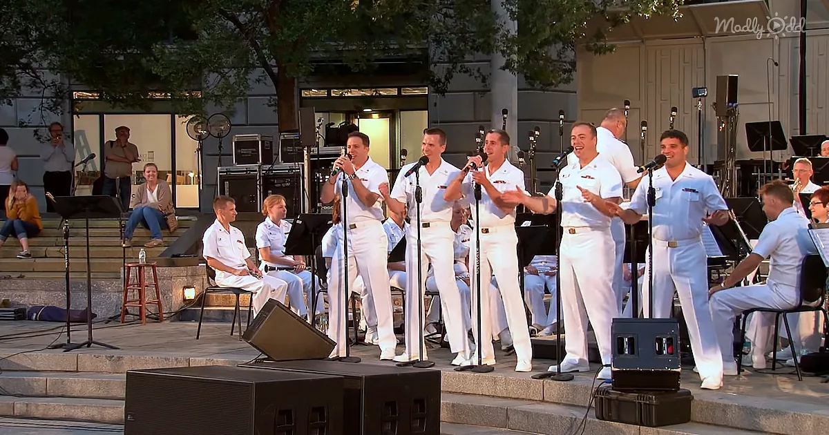 Group of Soulful Navy Sailors Sing Songs From the 60s and Crowd Goes Wild