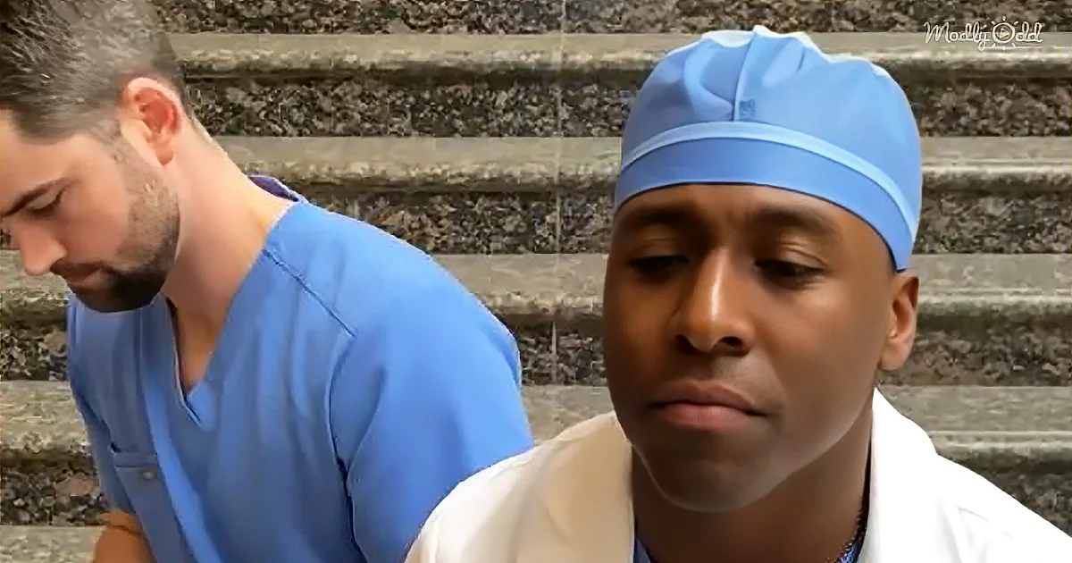 A man in a white lab coat and blue surgical cap sits on steps, looking down, with another person in blue scrubs beside him.