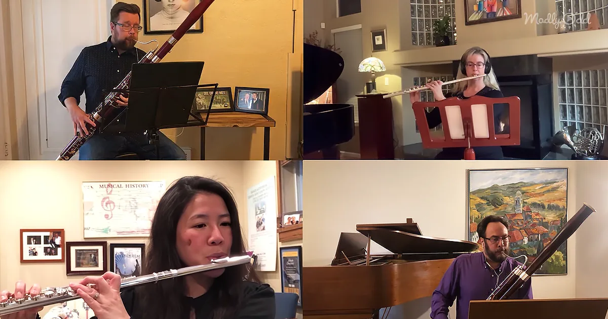 A man plays bassoon, another plays flute, a third plays piccolo, and a fourth plays contrabassoon in a virtual music session.