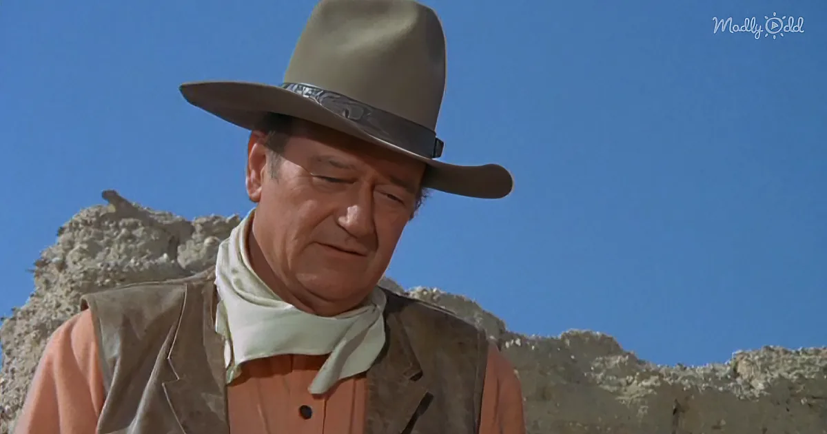 A man in a cowboy hat and vest stands against a clear blue sky, looking downward.
