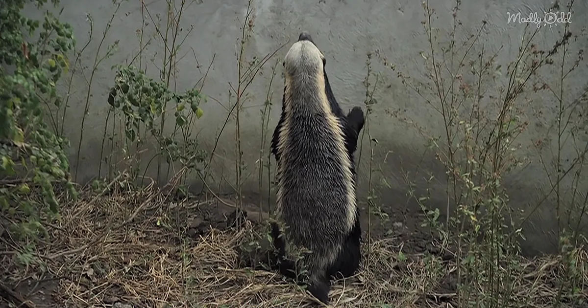 A badger stands upright, facing a wall, surrounded by sparse vegetation and dirt.
