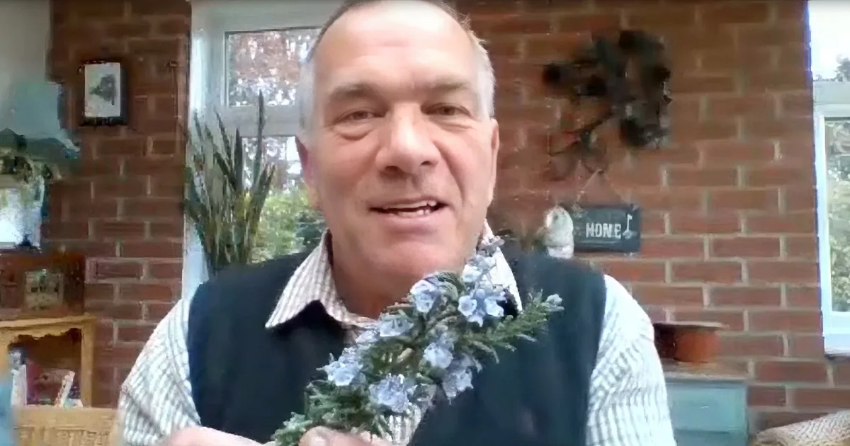 A man in a vest holds a floral arrangement, smiling in front of a brick wall with a wreath and window.