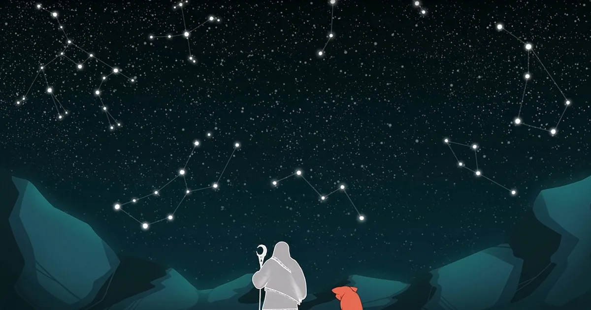A silhouette of a person holding a stick stands amidst rocks under a starry night sky with visible constellations.