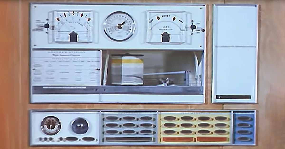 A vintage control panel with dials, gauges, and a small window displaying a document.