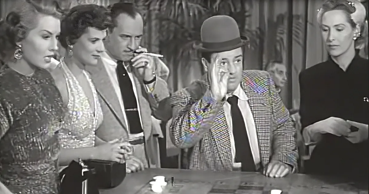 A man in a bowler hat and checkered suit is gesturing dramatically, surrounded by elegantly dressed people at a social...