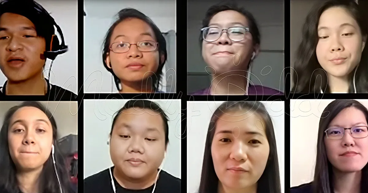 A collage of eight individuals, each wearing headphones, with varying expressions and backgrounds.