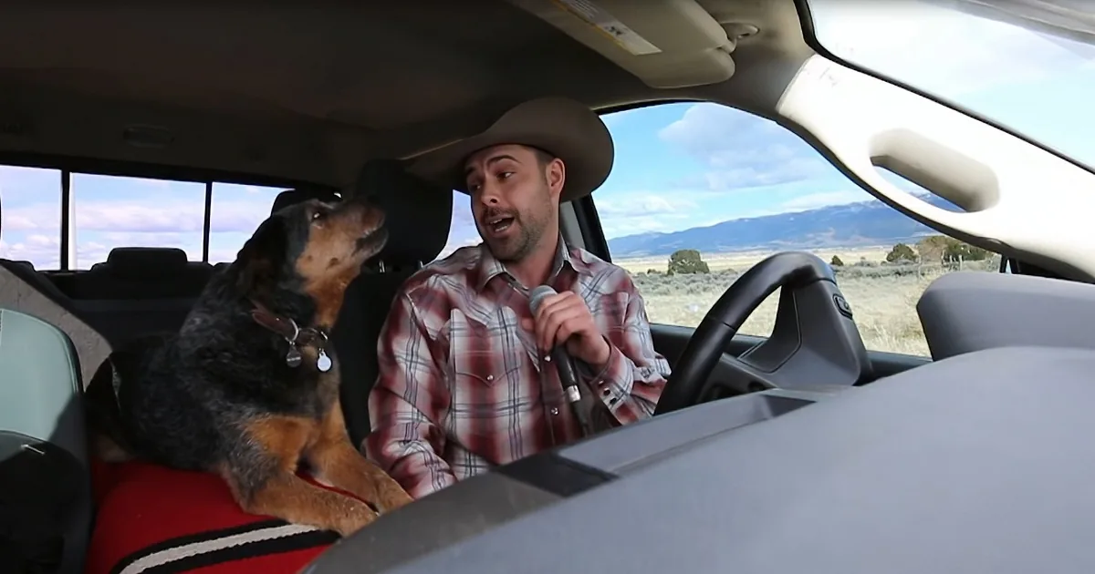 A man in a cowboy hat drives a car, holding a microphone, with a dog sitting in the passenger seat.