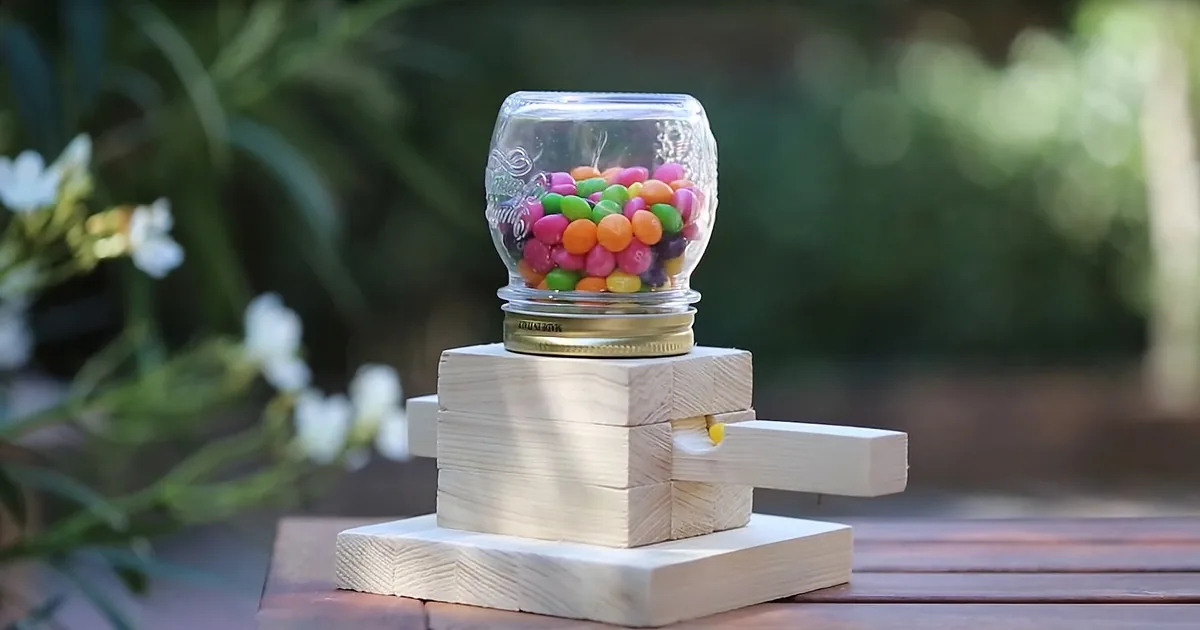 A homemade gumball machine made of wood and glass filled with colorful candies sits on a wooden table.