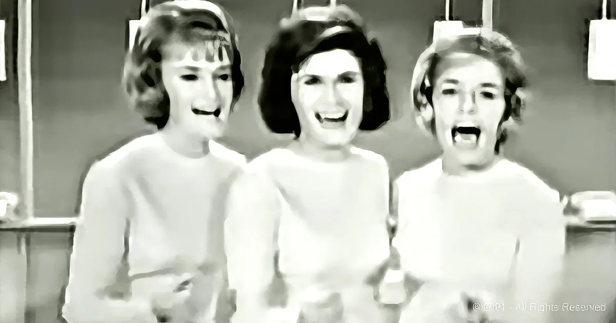 Three individuals in white shirts, possibly singing or performing, with a blurred background.