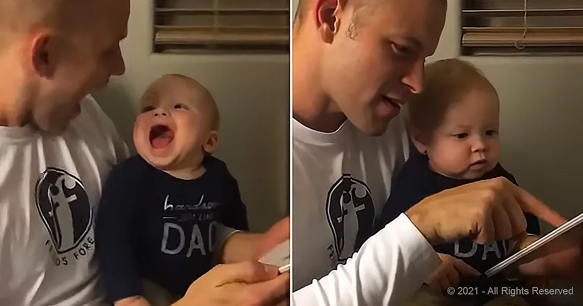 Young Child Tries to Gasp and Mimics Dad's Pride as They Read Together
