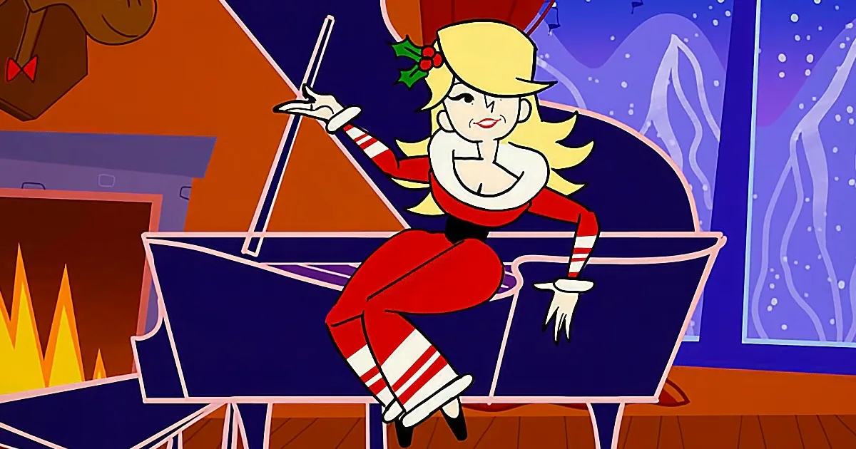 A blonde cartoon character in a red outfit sits on a piano, holding a conductor's baton, with a snowy window in the...