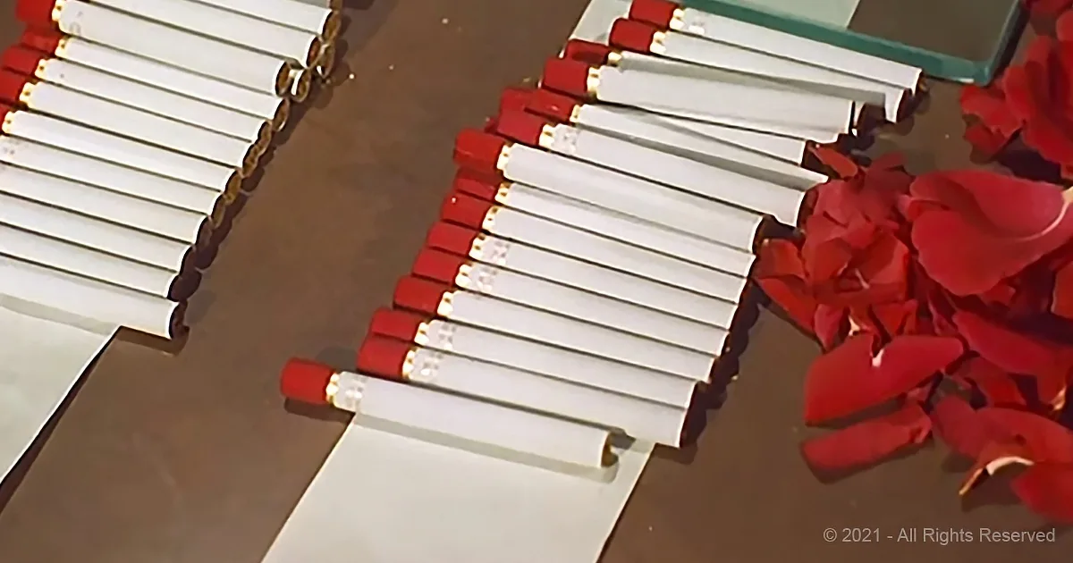 Red and white matchsticks arranged in neat rows on a table with red flowers nearby.