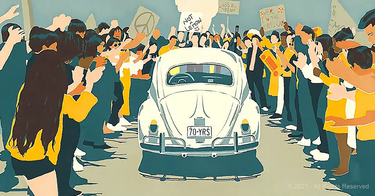 A white Volkswagen Beetle with "70-YRS" on the license plate is surrounded by a crowd of people holding signs and taking...