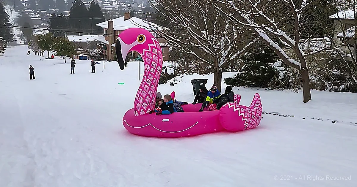 A group of people are sledding down a snowy hill in a large pink flamingo-shaped inflatable sled.