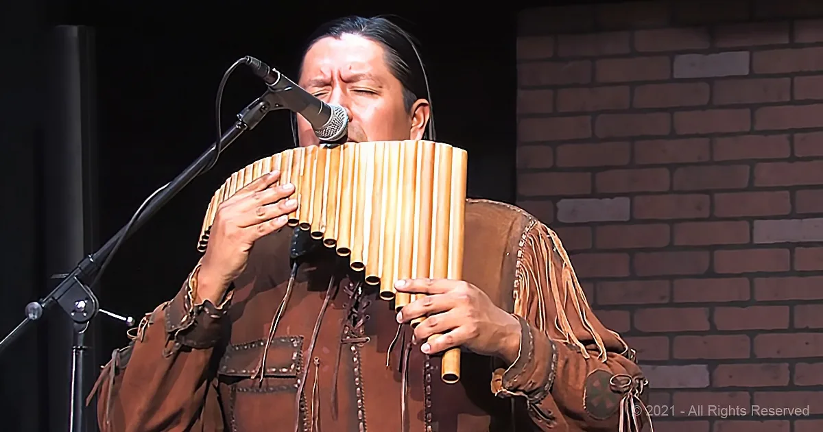 A person in a leather outfit plays a pan flute in front of a microphone.