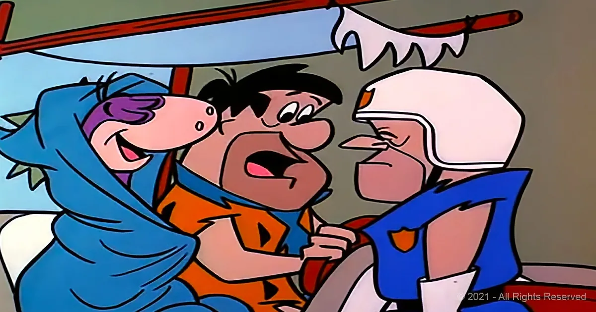 Fred, Dino, and a police officer are in a tense situation, with Fred looking surprised and Dino smiling mischievously.
