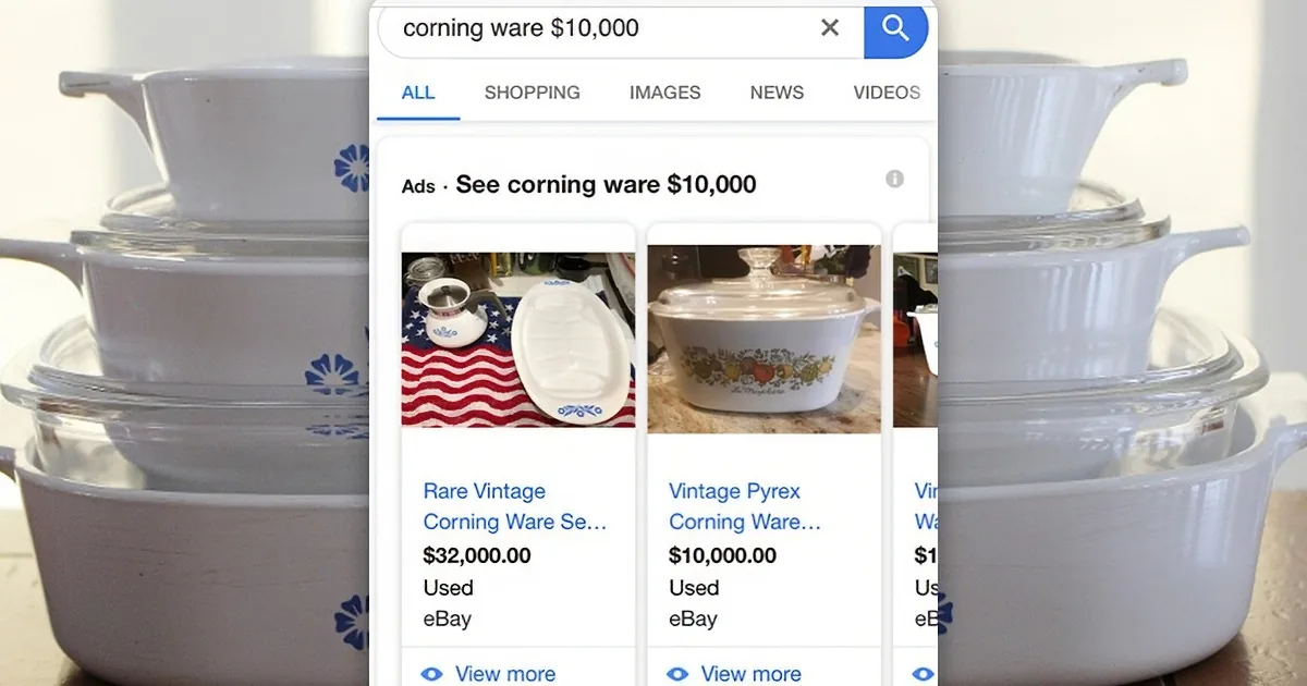 Corning Ware cookware displayed with Google search results showing high prices.