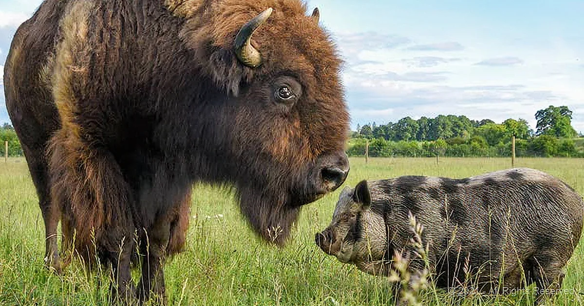 A bison and a pig stand together in a grassy field under a blue sky.