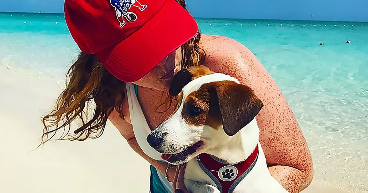 A woman in a red cap holds a small dog with a red harness on a sunny beach.