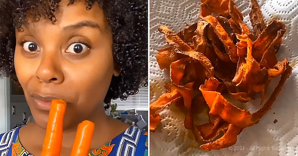A person holds two carrots, while the right side shows crispy, seasoned carrot chips on a paper towel.