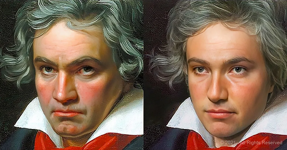 A close-up of a person with curly gray hair, wearing a white cravat and red clothing, reminiscent of a historical portrait.