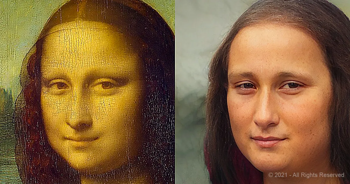 A comparison of the Mona Lisa's face in two versions: a traditional painting and a modern, realistic rendering.