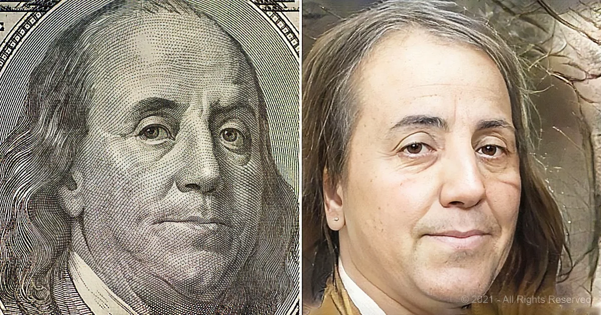 The image juxtaposes a detailed portrait of Benjamin Franklin on the $100 bill with a person wearing a feathered headdress.