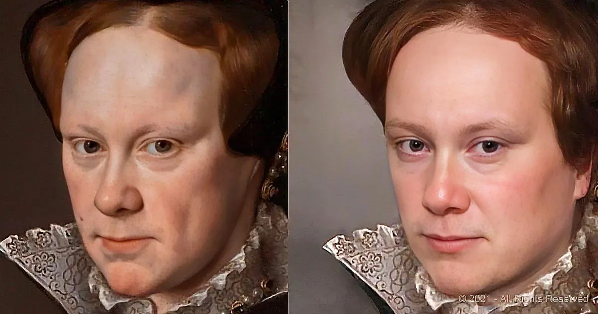 A person in historical attire, with a focus on the intricate details of the clothing and hairstyle.
