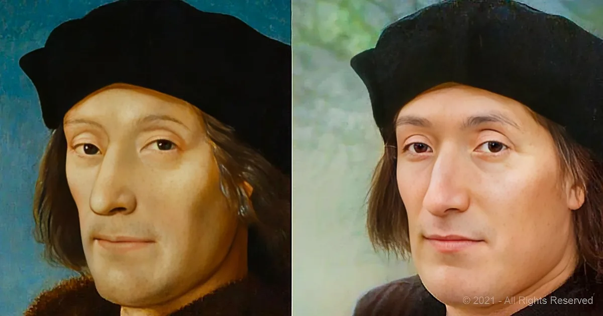 A Renaissance-style portrait of a man with a black hat and fur collar, side-by-side with a modern digital recreation.