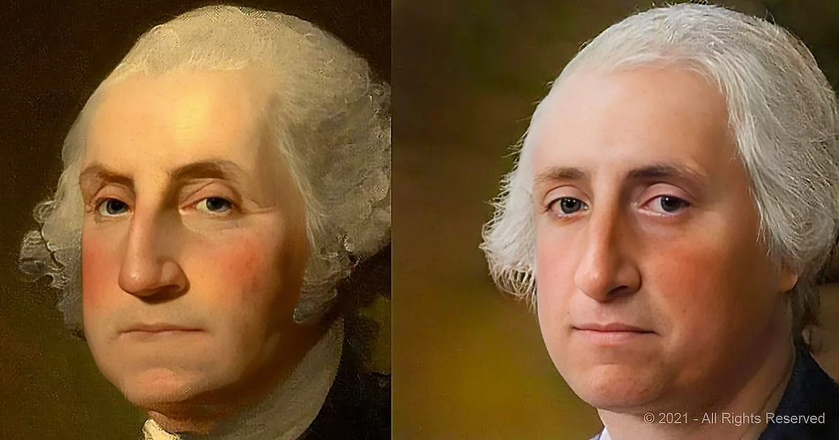 A side-by-side comparison of a historical portrait and a modernized version of the same subject.