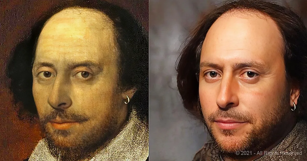 A side-by-side comparison of a historical portrait and a modern recreation of the same person.