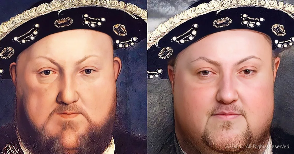 A side-by-side comparison of a historical portrait and a modern recreation of the same person.