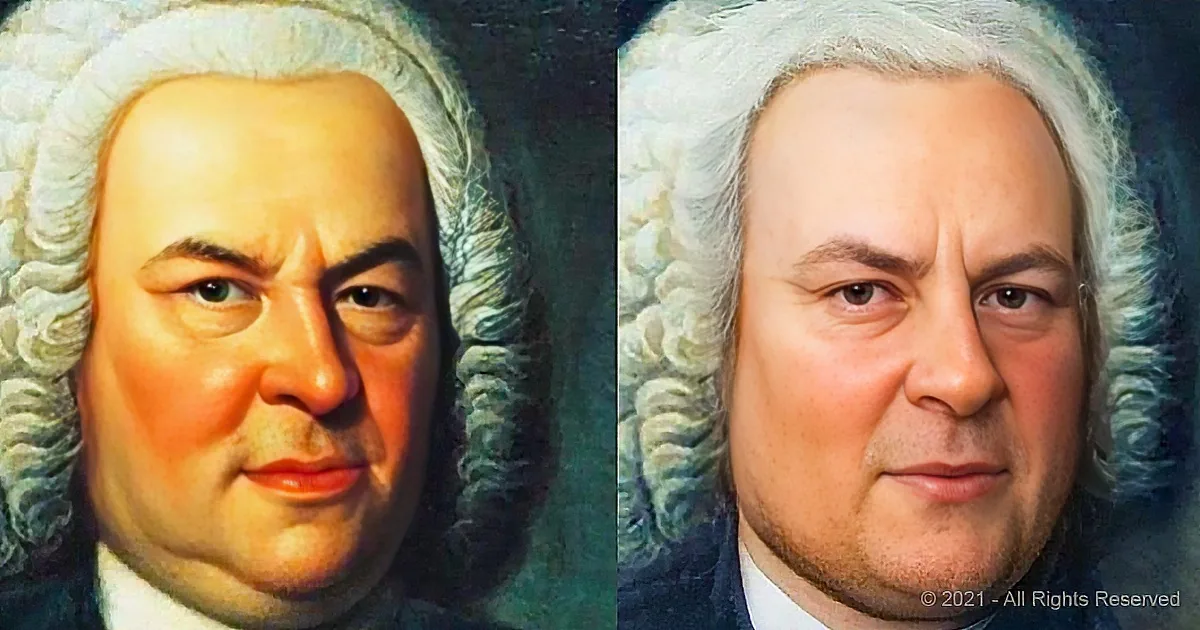 A side-by-side comparison of a historical portrait and a digitally enhanced version of the same person.