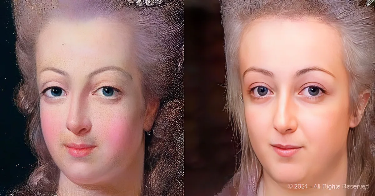 A side-by-side comparison of a historical portrait and a digitally recreated version of the same subject.