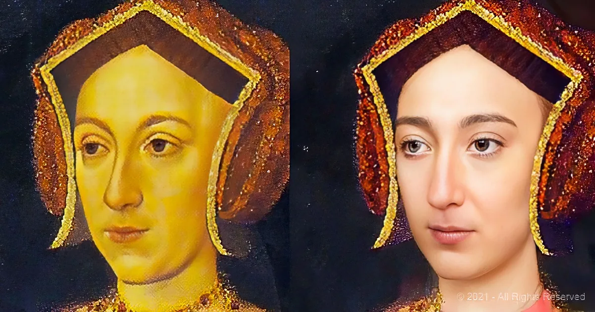 A woman with a medieval-style headdress and a modernized face is shown in two versions of a portrait.