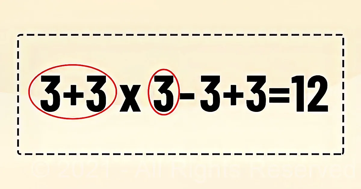 A math equation with circled parts: 3+3 x 3-3+3=12.