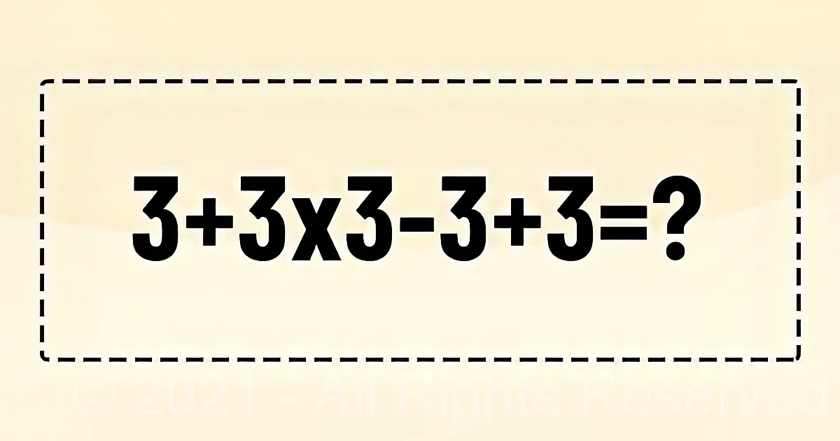A math problem: 3+3x3-3+3=? with a dashed border and a copyright notice.