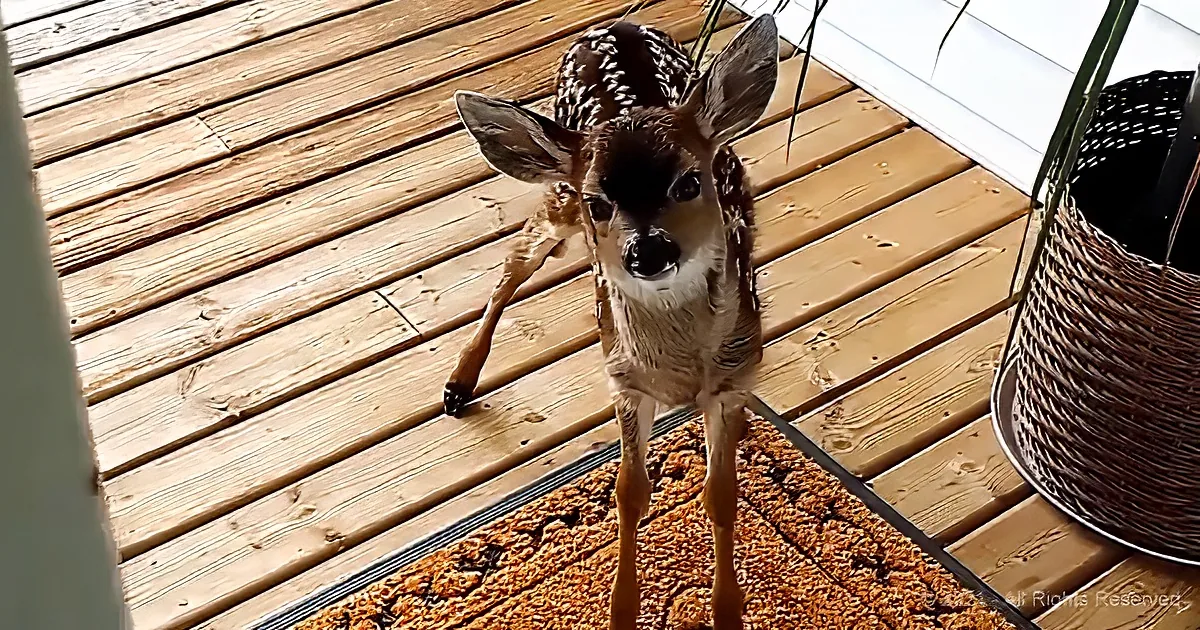 A fawn stands on a wooden deck, looking directly at the camera.
