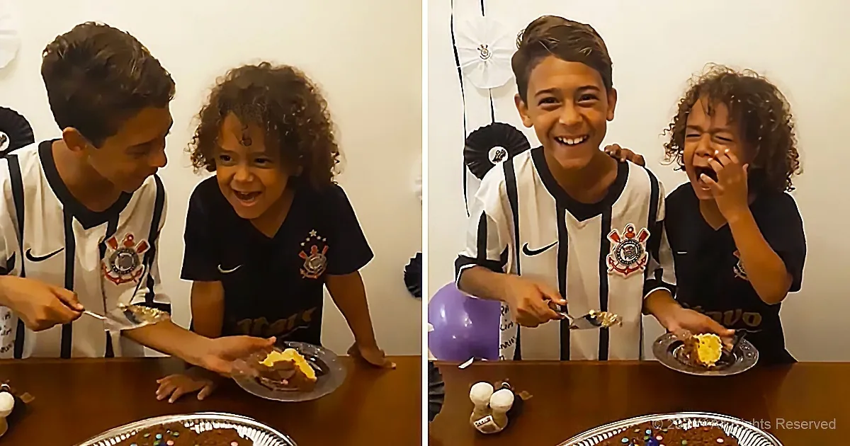 Little Brother Is Overjoyed to Receive First Piece of Big Brother's Cake