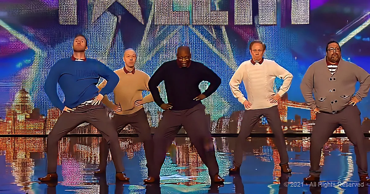 Five men in matching outfits pose in a synchronized stance on a stage with a cityscape backdrop.