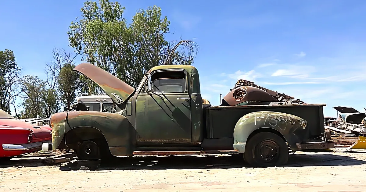 An old, rusted pickup truck with its hood open sits in a junkyard under a clear blue sky.