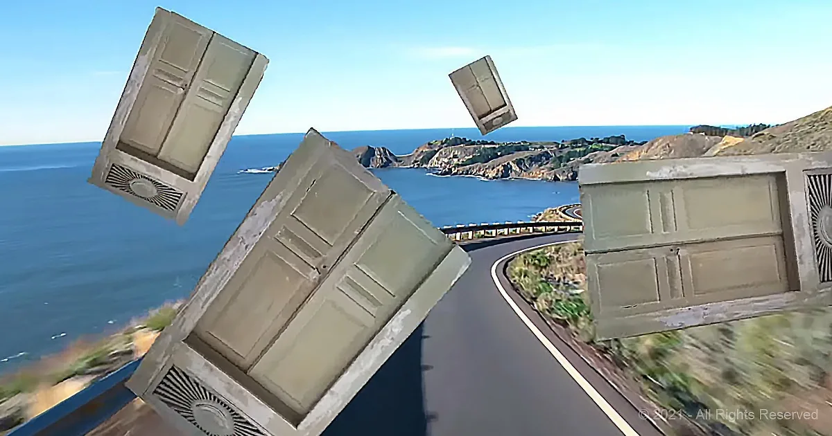 Flying doors and a road by the sea with a scenic view.