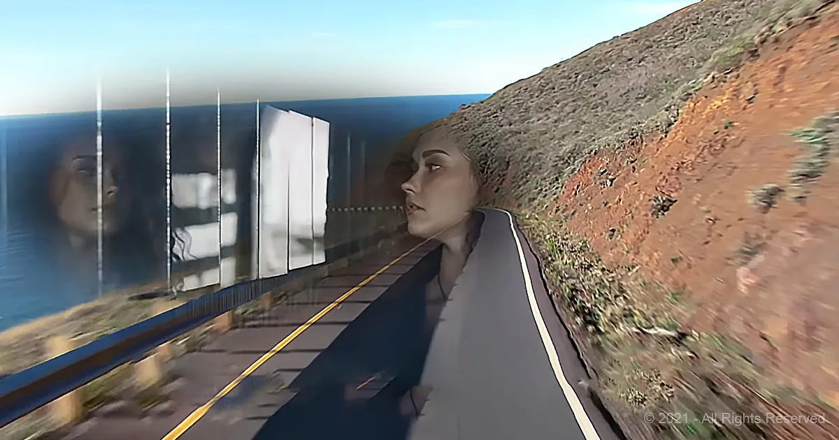 A woman in a trench coat stands on a train track, gazing at a reflection of her face in the window.
