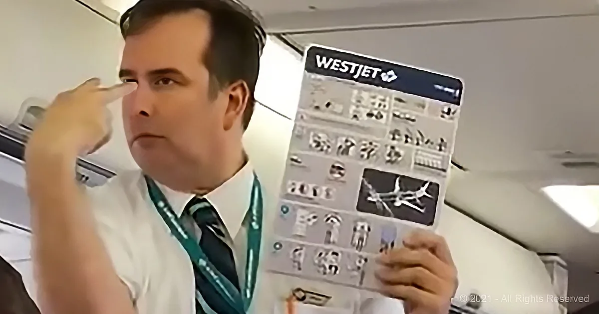 A man in a white shirt and green tie points to his nose, holding a WestJet safety card.